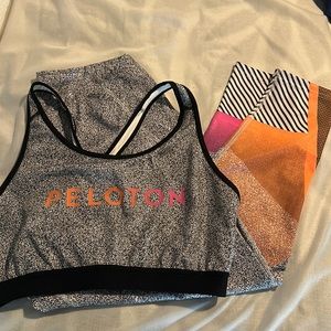 Peloton Gray Speckle Sports Bra and Colorblock Leggings in Orange and Pink